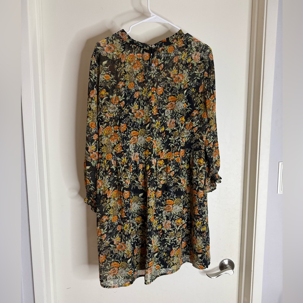 Knot Sisters Black Dress with Orange and Green Floral Pattern